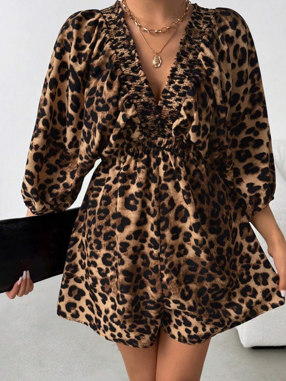 Classic Leopard Print V neck Batwing Sleeve Romper